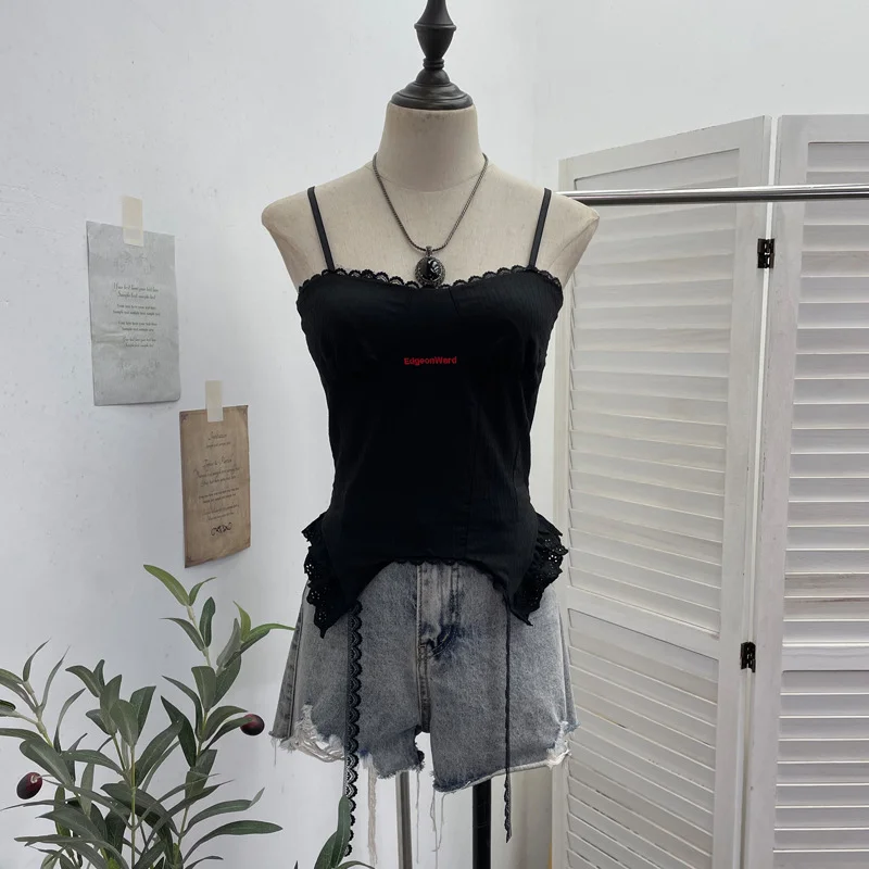 Nigikala Nigikala Shooting Hottie Sexy Sling Sling Vest Lace Side Splicing Letter Embroidery Short Outer Wearing Sleeveless Small Top 1232