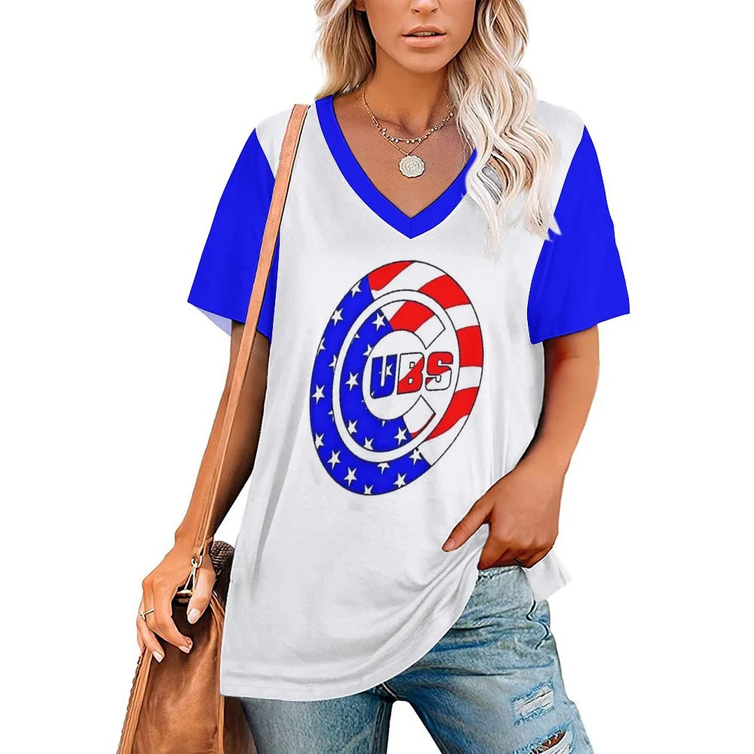 V-neck Short Sleeve Casual T-shirt for  Women Printed with Pattern,Blue,Red