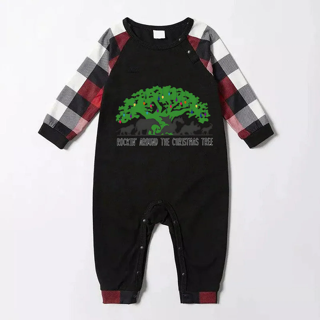 Family Christmas Shirts Christmas Tree Animal Kingdom Animal Kingdom Patterned and 'ROCKIN AROUND THE CHRISTMAS TREE' Letter Print Contrast Tops and Red & Black & White Plaid Pants Family Matching Pajamas Set With Dog Bandana