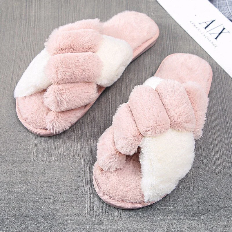Winter Women Slippers Faux Fur Warm Shoes Women Slip on Flats Female Floor Slides home furry slippers Indoor House Flip Flops