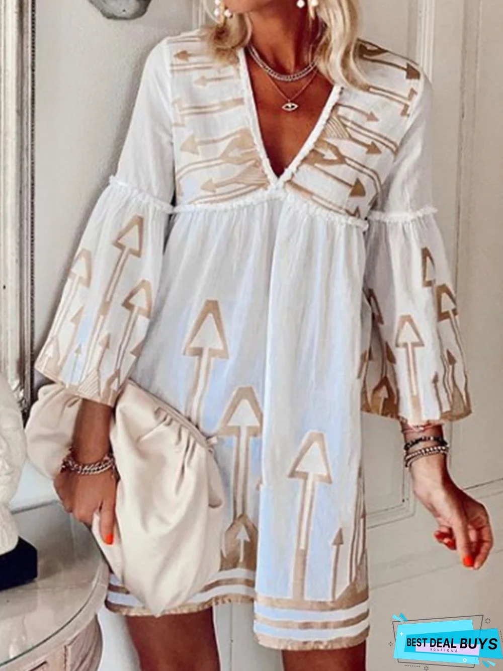 V Neck Loose Vacation Printing Daily Dress