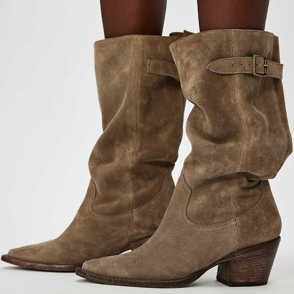 Khaki Vegan Suede Buckle Strap Slouchy Boots with Chunky Heels