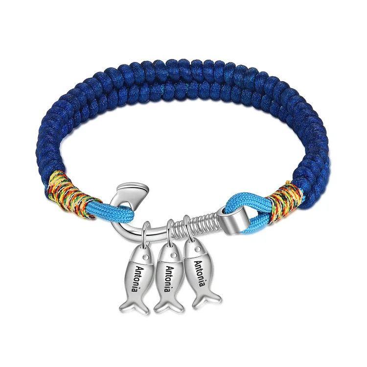 Braided Fishing Hook Bracelet with 3 Fish Charms Custom Names Men's Bracelet