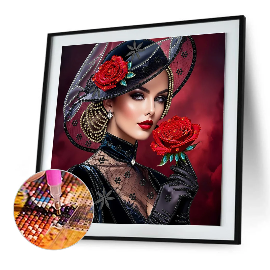 Beauty Lady in a Top Hat Red Bckdrop Special Shaped 5D DIY Partial Drill Diamonds Dots Gem Art Kits for Adults Beginners Home Decor Diamonds Paintings Gem Art 11.81 X11.81inch