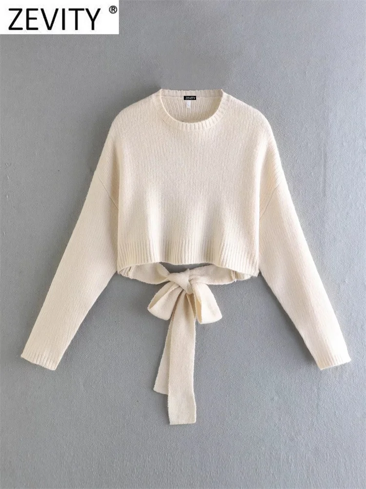 Colourp Bow Tied Short Knitting Sweater Women O Neck Chic Backless Bandage Pullovers Ladies High Street Knit Tops