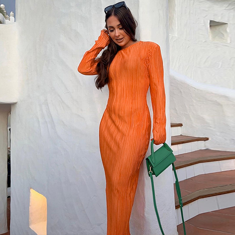 Ootddress Fashion Long Sleeve Loose Dress For Women Ribbed Casual Elegant Slim High Waist Streetwear Solid Ruffled Ladies Dress 2025