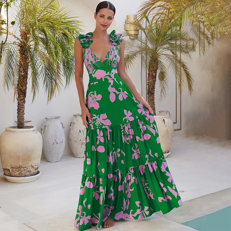 Sling Ruffle Printed One Piece Swimsuit and Skirt