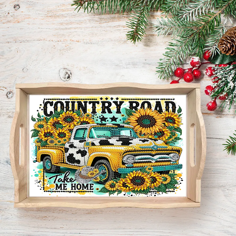 5D DIY Wooden Sunflower Car Diamond Painting Tray Art Craft for Desk Coffee Table