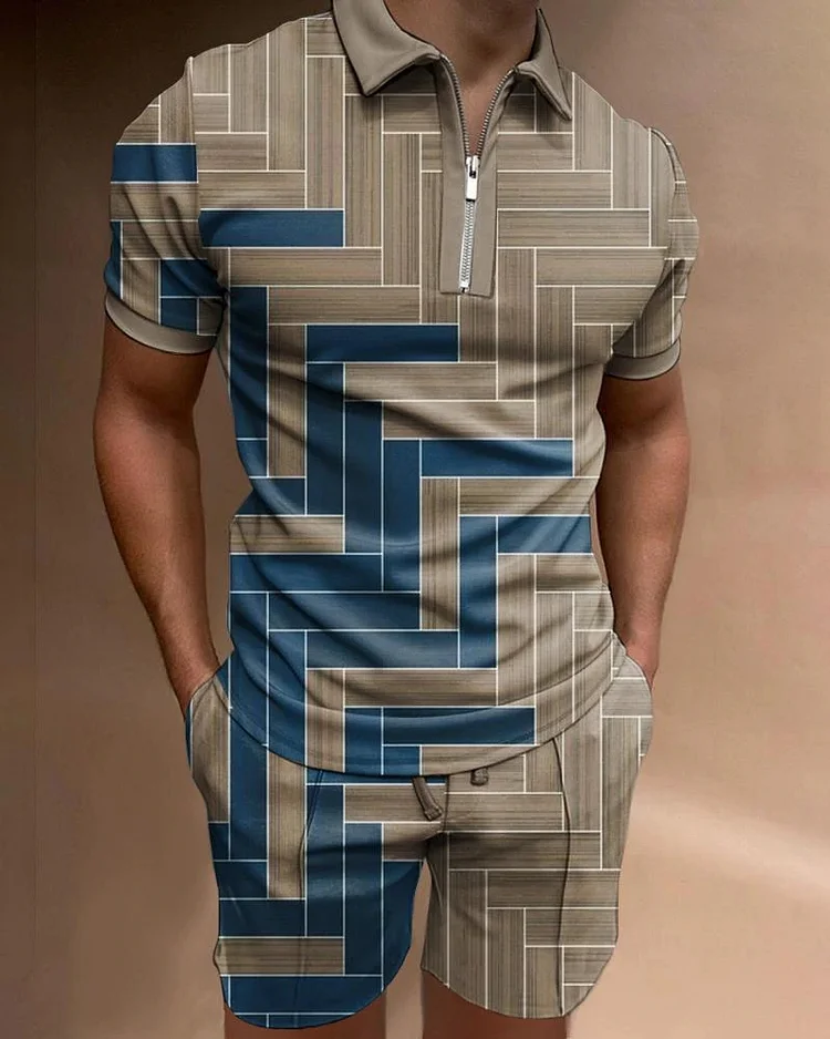 Men's khaki geometric print polo suit