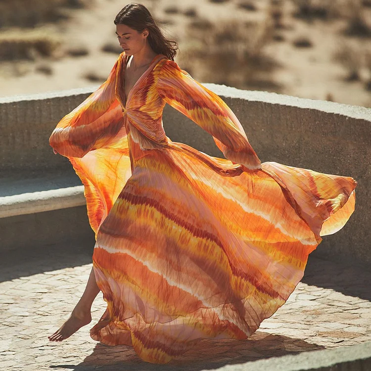 Long Sleeve V Neck Orange Gradient Print One Piece Swimsuit and Skirt