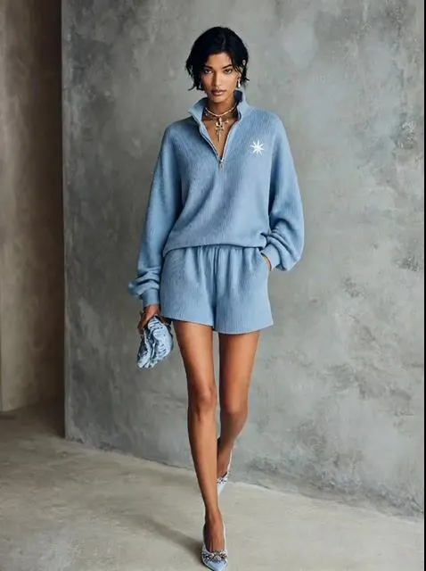 Women's Casual Sky Blue Knit Half-Zip Embroidered Shorts Set MD