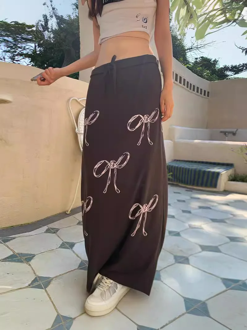 Uveng 2024 Vintage Blinding Bow Print Slimy Half-Dress Woman Low-Waist Drawstring Tie With Loose Straight Dress