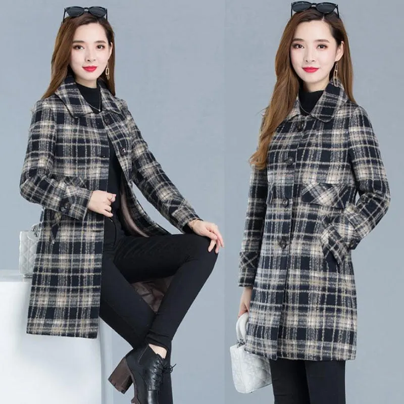 Autumn Winter Women Plaid Mid Long Coat Casual Plus Size 5XL Jacket Fashion Single-Breasted Outerwear Warm Female Woolen Coats