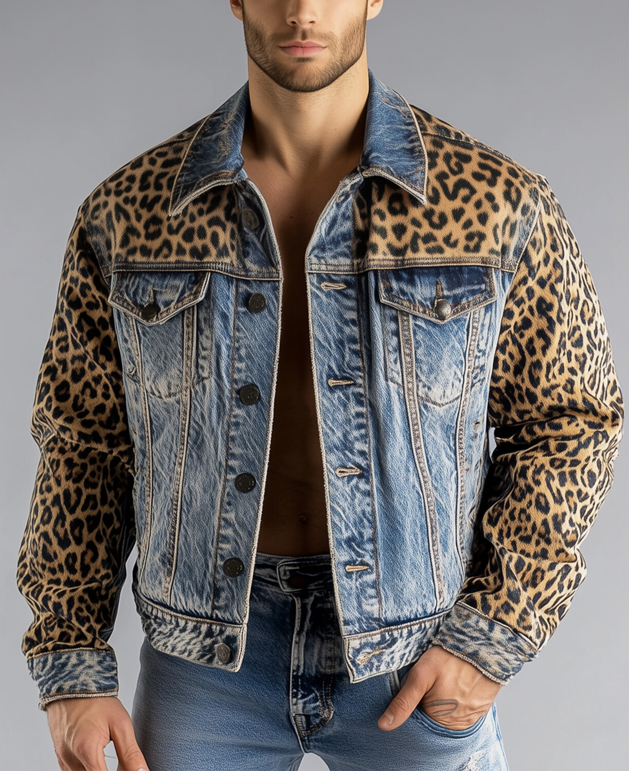 Okaywear Leopard Pattern Patchwork Metal Button Denim Jacket