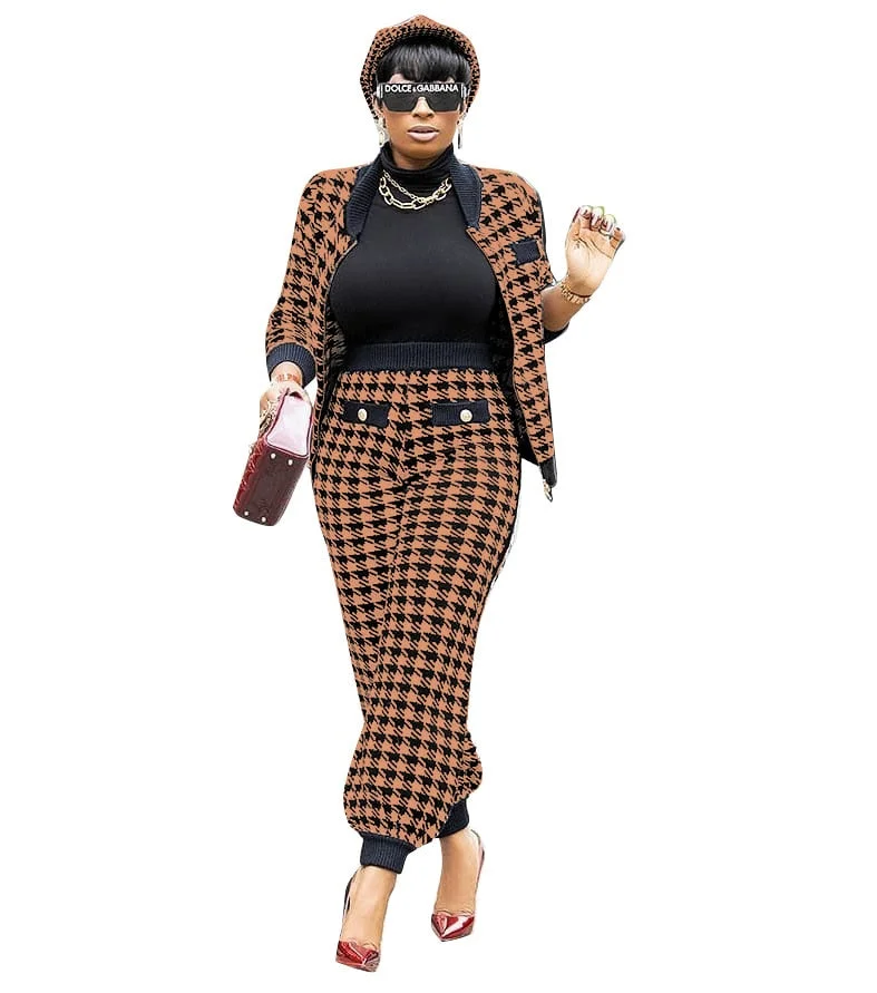 CM.YAYA Houndstooth Patchwork Two 2 Piece Set for Women Vintage Fitness Outfits Jacket + Pants Set Streetwear Tracksuit