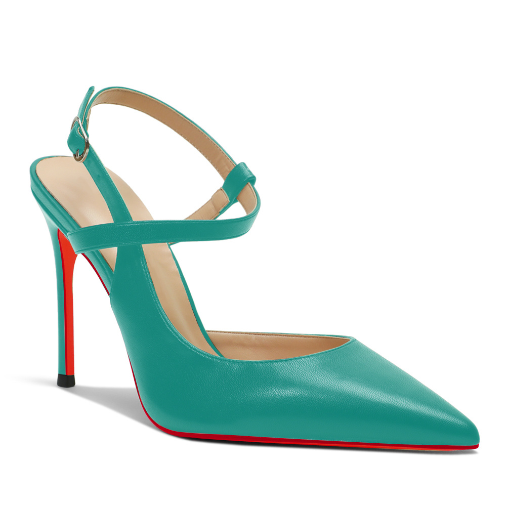 100mm Mid Heel Women Slingback Pumps Ankle Strap Jenlove Stiletto Close Pointed Toe Dress Red Bottoms Matte Glitter Shoes-MERUMOTE