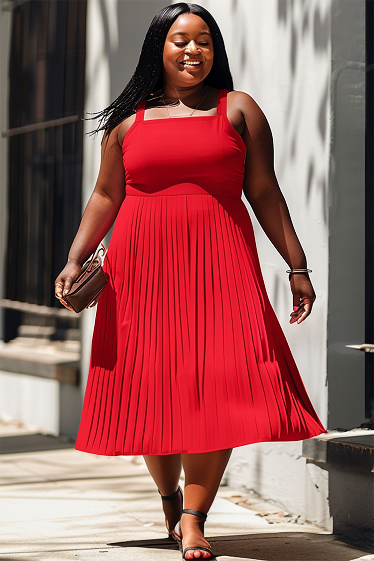 Xpluswear Design Plus Size Business Casual Red Square Neck Pleated Midi Dresses [Pre-Order]