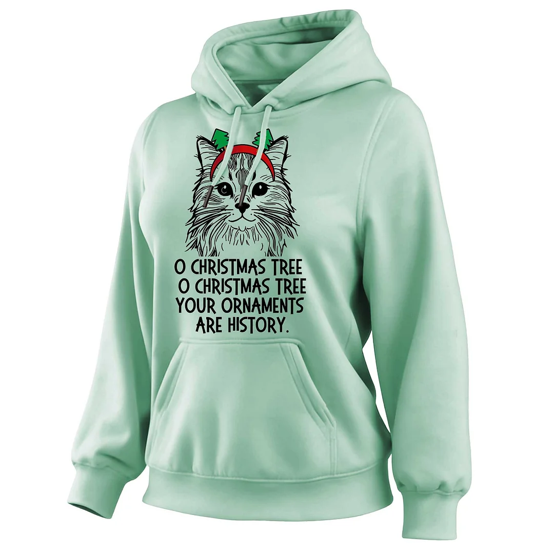 Women's Vintage Cat Christmas Print Pocket Long-Sleeve Apricot Hoodie