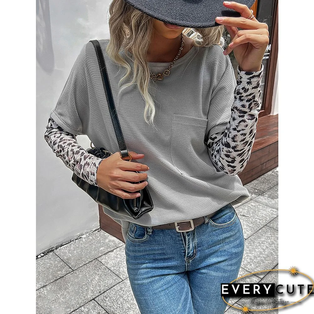 Light Gray Spliced Leopard Waffle Pocket Long Sleeve Top