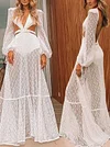 Sexy Lace Split-Joint See-Through Hollow Puff Sleeves Bohemia Maxi Dress