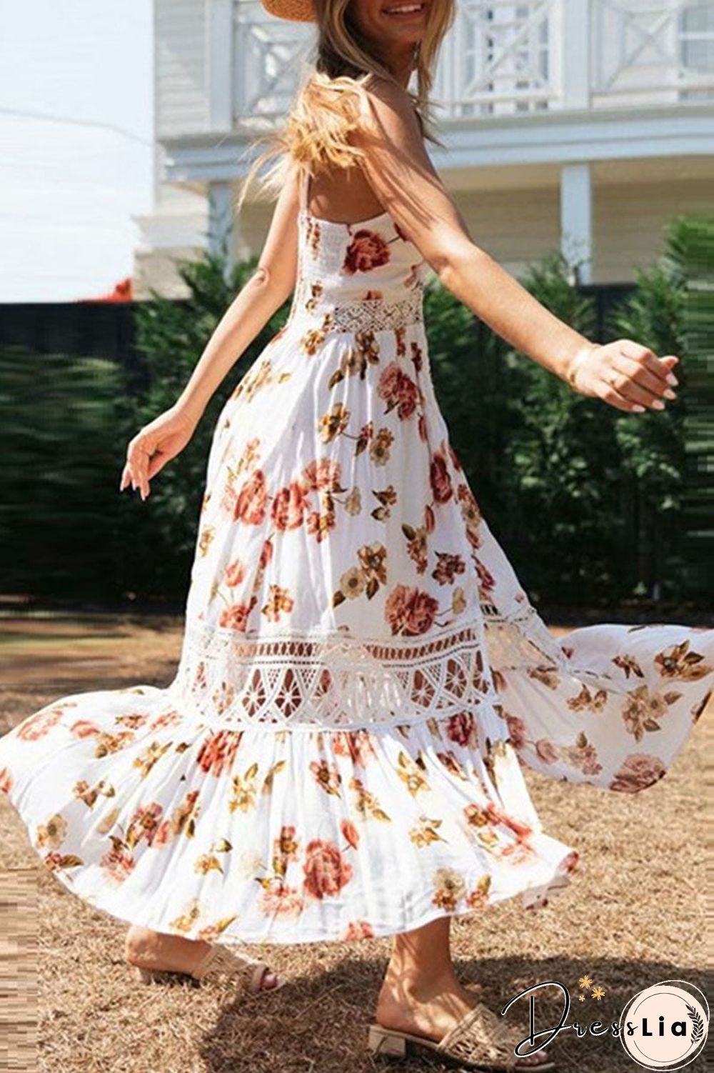 Fashion Street Print Split Joint V Neck A Line Dresses