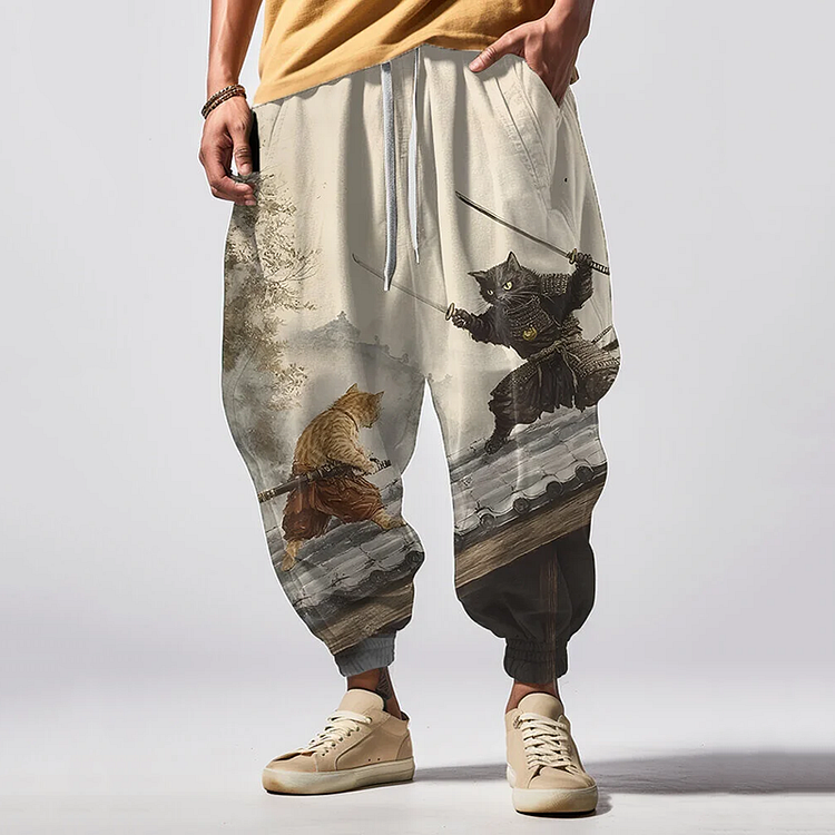 Japanese Art Retro Samurai Cat Japanese Art Print Loose Drawstring Waist Sweatpants