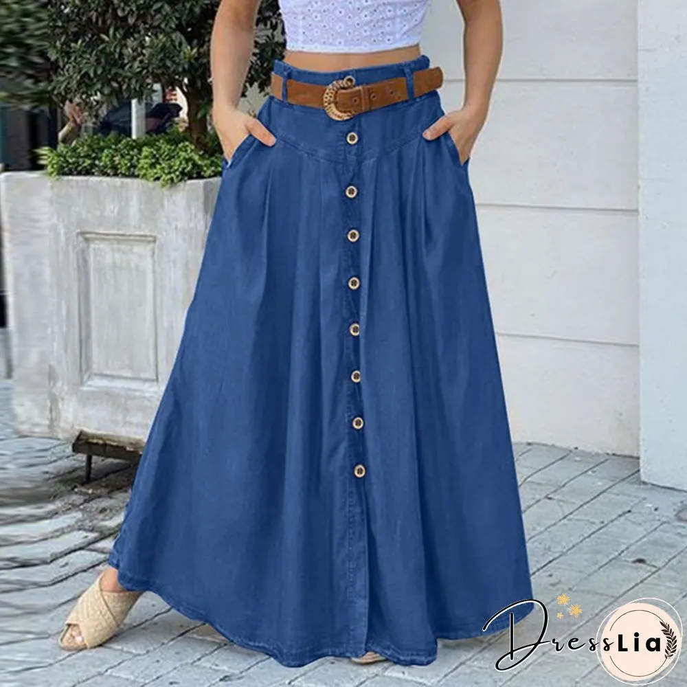 Women Fashion Solid Color Buttons Denim Long Skirts Vintage Long Dresses