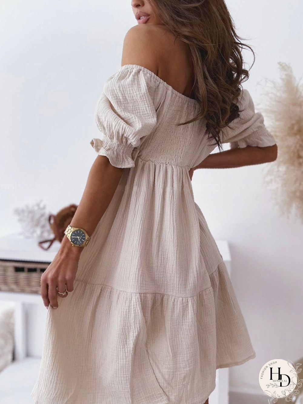 Solid Off-Shoulder Pleated Mini Dress P15230