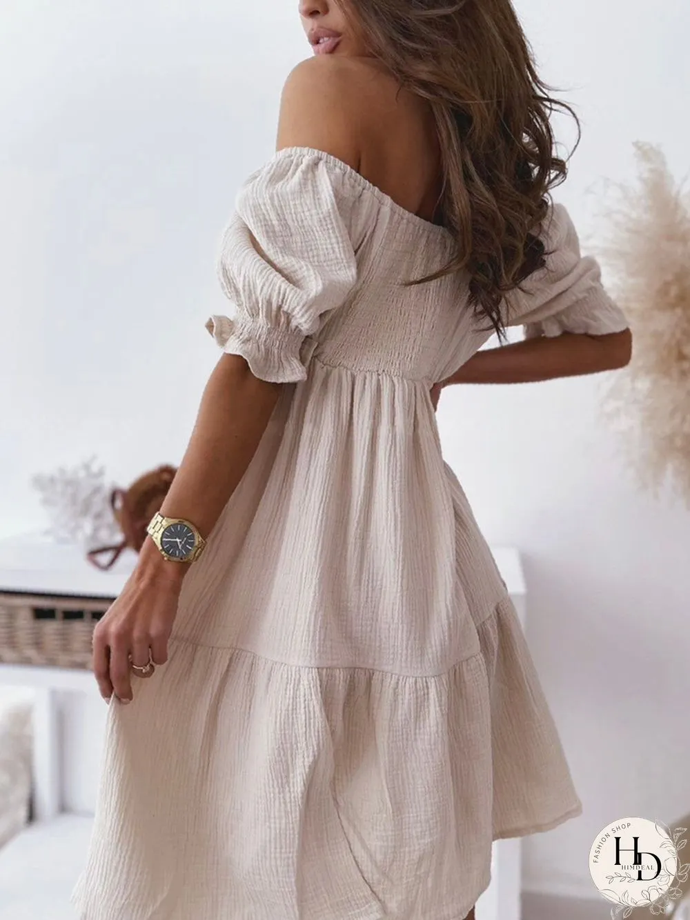 Solid Off-Shoulder Pleated Mini Dress P15230