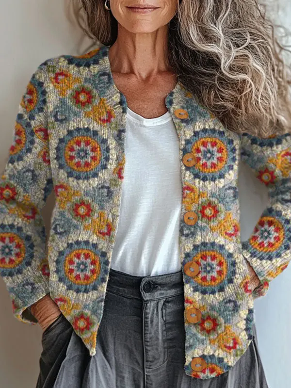 Vintage Flower Art Print Buttoned Cardigan Sweater