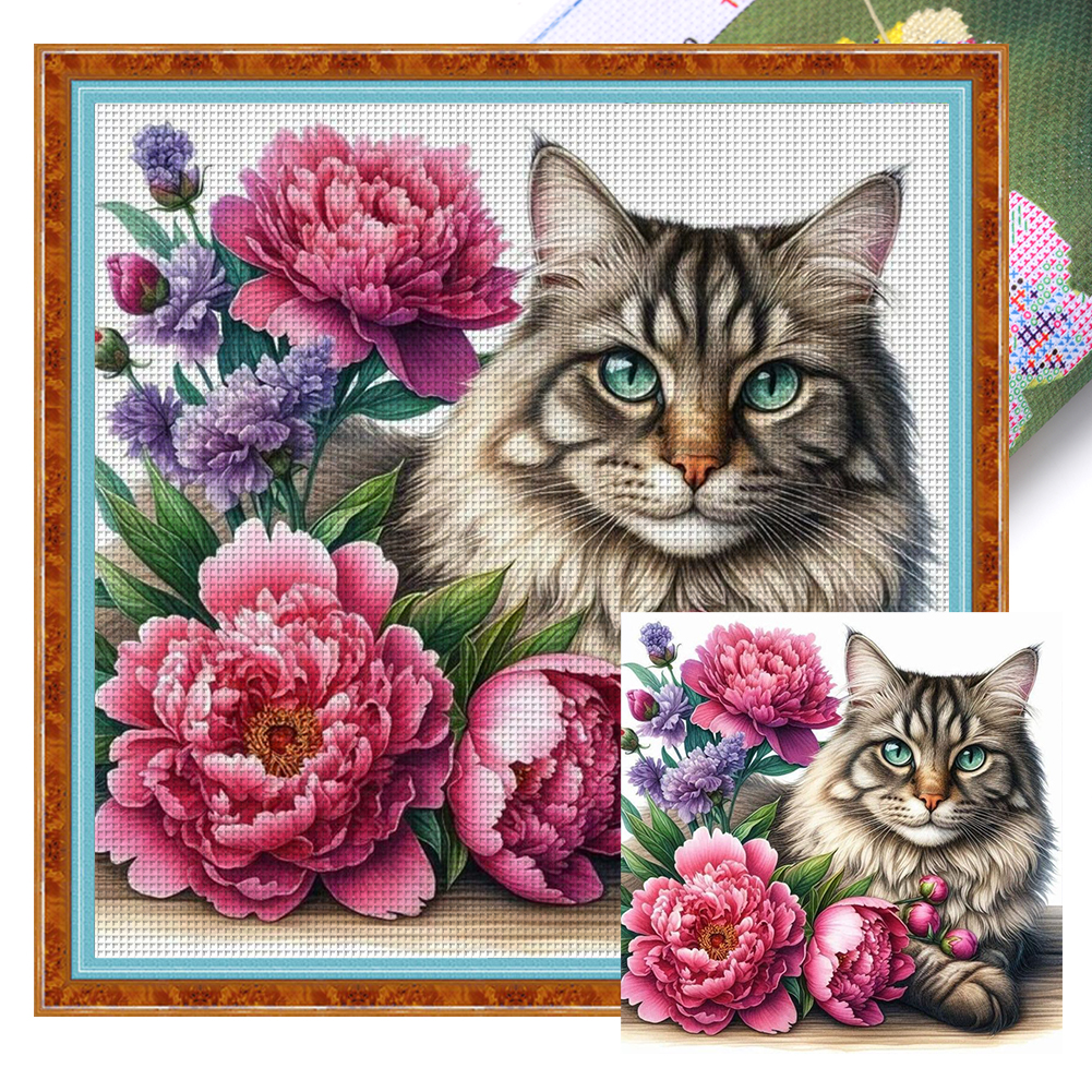 Peony Cat Full 11CT Pre-stamped Canvas(40*40cm) Cross Stitch