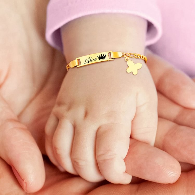 Bracelet / cheville Gourmette pendentif papillon bébé enfant gravable 1 Prénom Personnalisés et motif Jessemade FR
