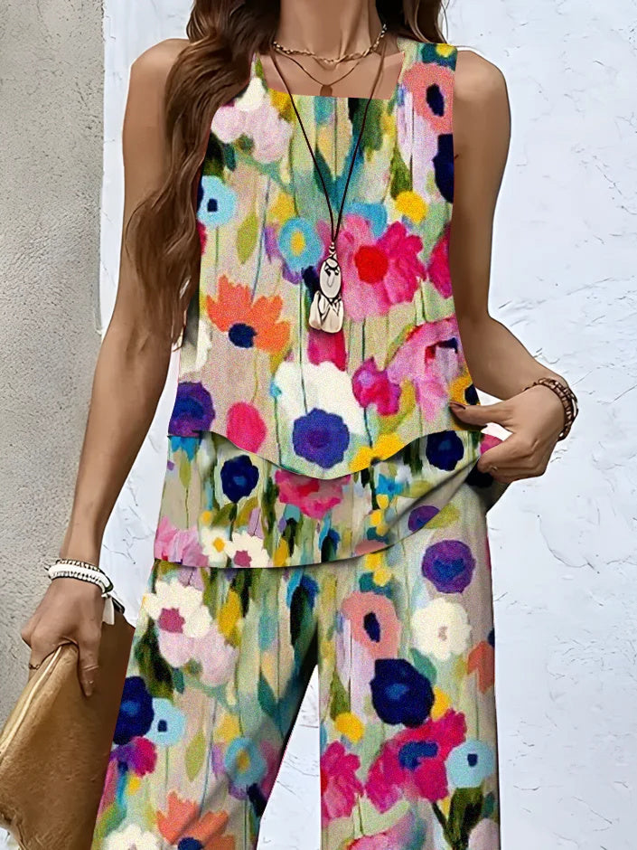 Women's Sleeveless Square Collar Colorblock Graphic Printed Casual Set