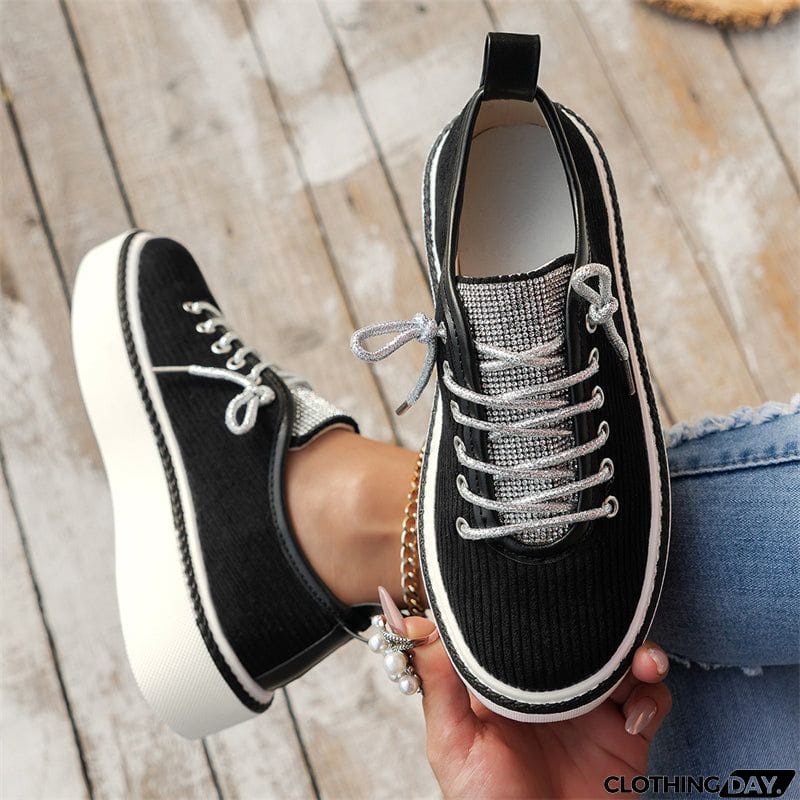 Women's Stylish Thick-Soled Round Toe Lace-Up Rhinestone Casual Shoes