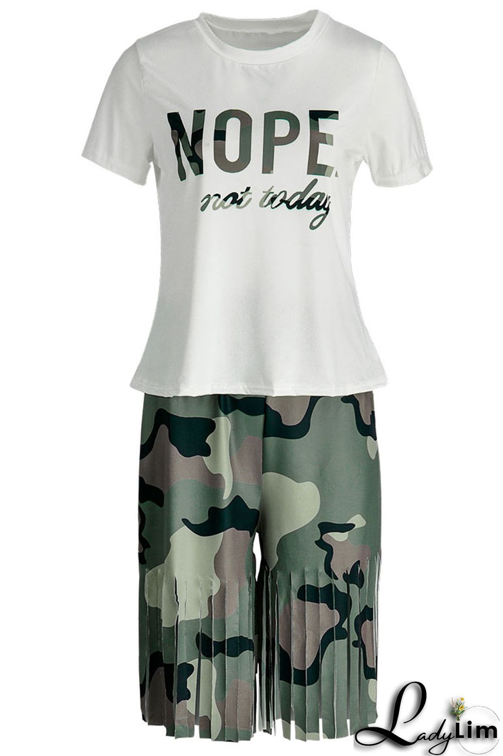 Camouflage Casual Print Tassel Patchwork O Neck Short Sleeve Two Pieces