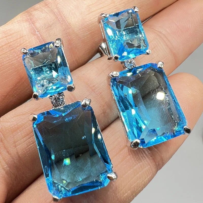 Classic Women's Square Crystal Drop Earrings Sparkling Blue Zircon Wedding Earrings
