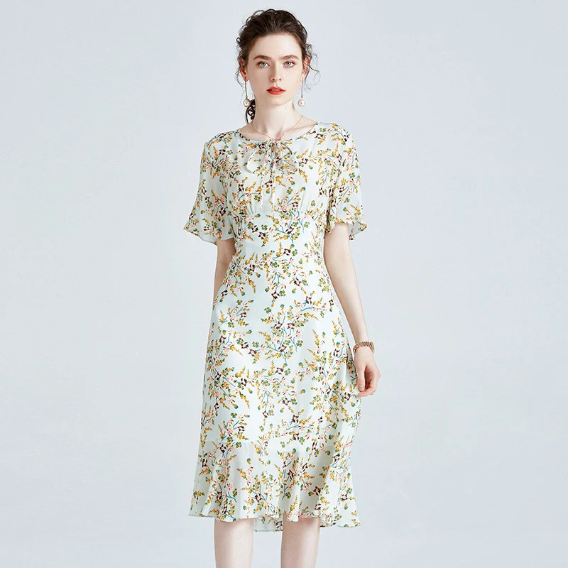 Silk Dress Mulberry Silk High-End Printed Mid Length Dress