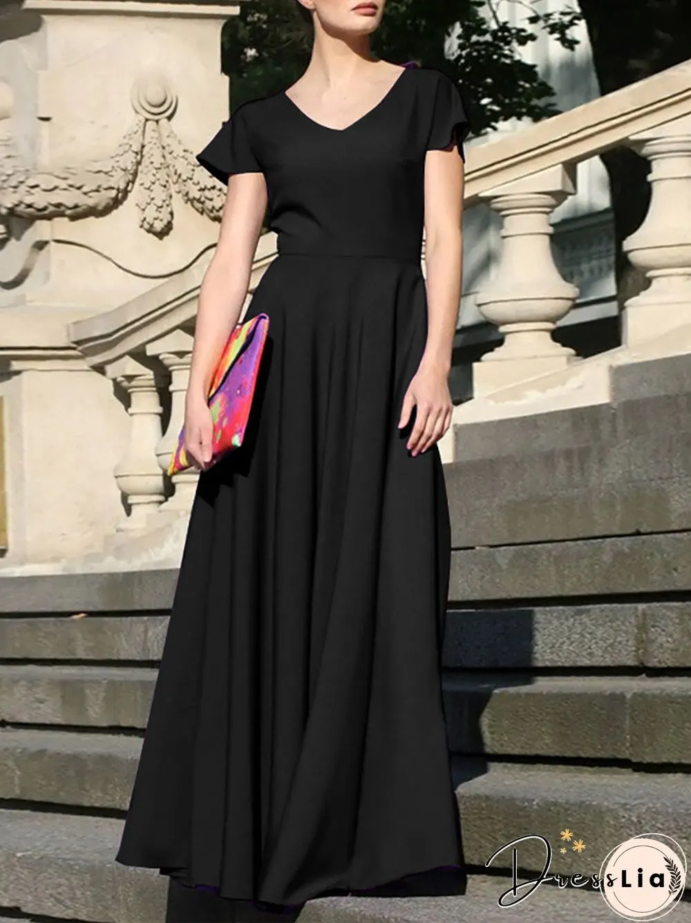 Women Solid Cap Sleeve V-neck Swing Maxi Dress
