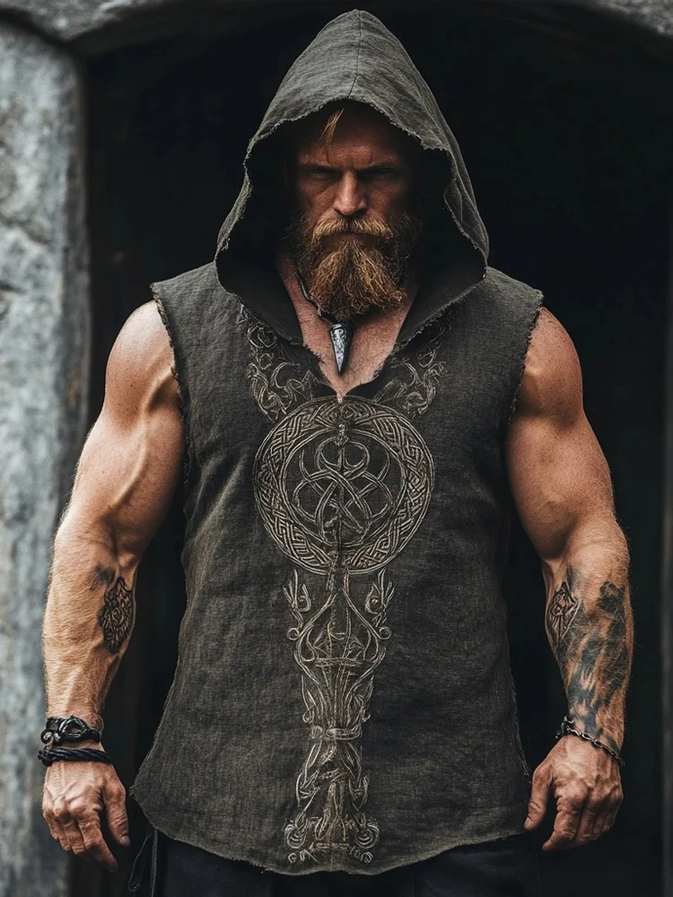 Simpfit BeDrucken Nachahmung aus Baumwolle und Leinen-Tanktop mit Kapuze im Wikinger-Stil für Herren