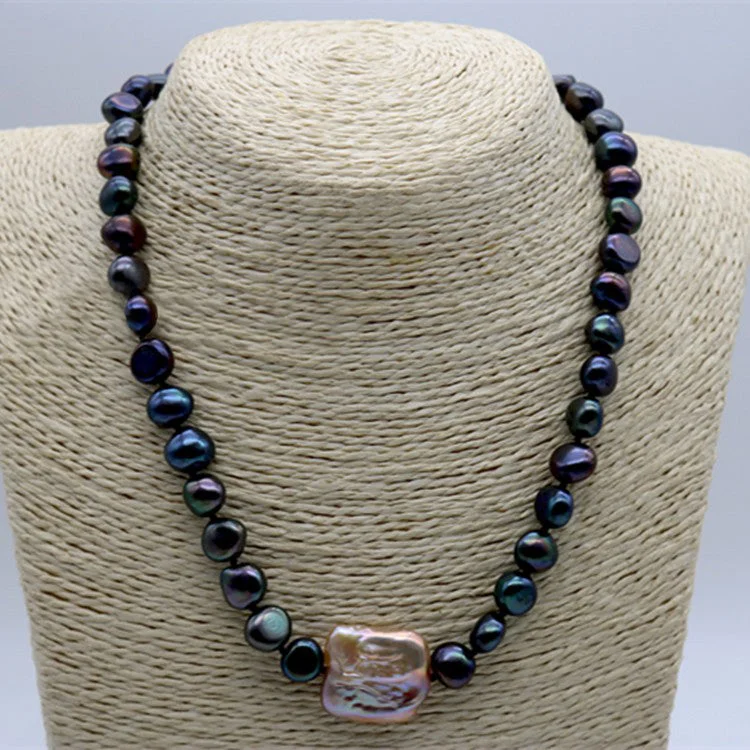 Freshwater Black Pearl 45cm Necklace | Large Button Baroque Pearl Pendant Chain