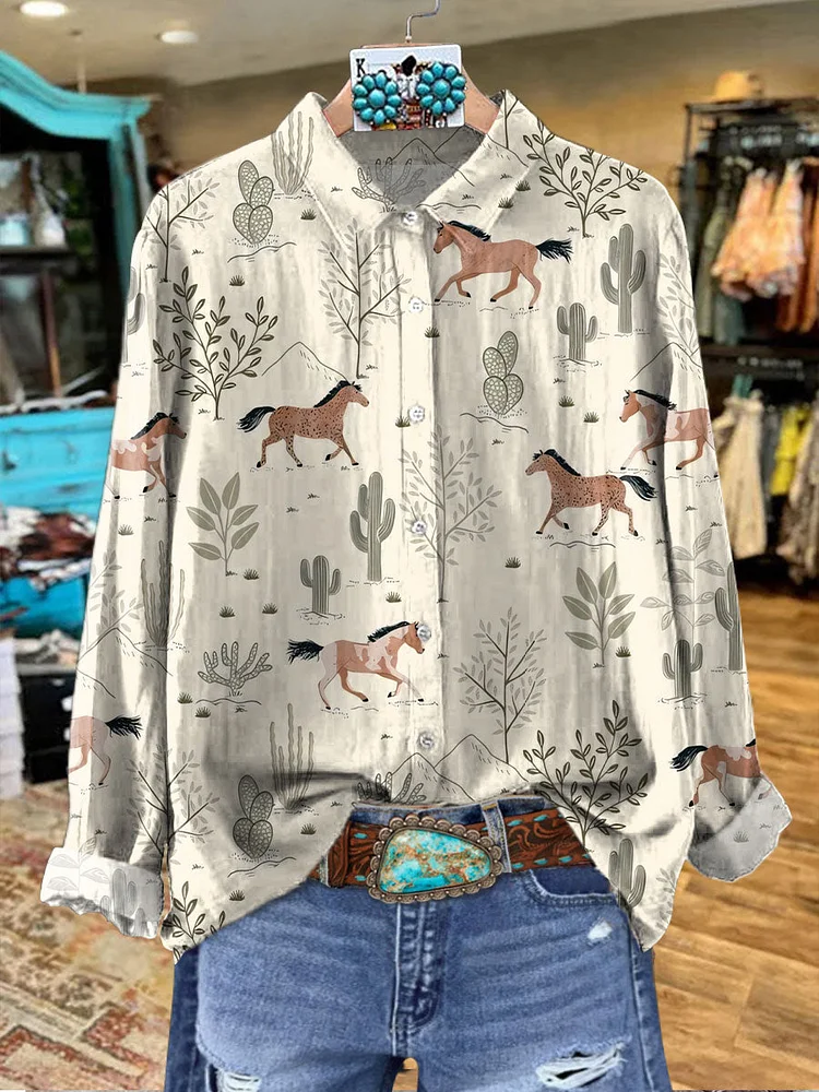 Women's Beige Wild West Horse Print Casual Top