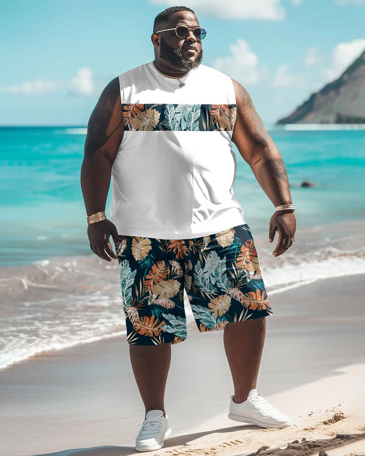 Men's Large Hawaiian Floral Patchwork Printed Vest Shorts Suit