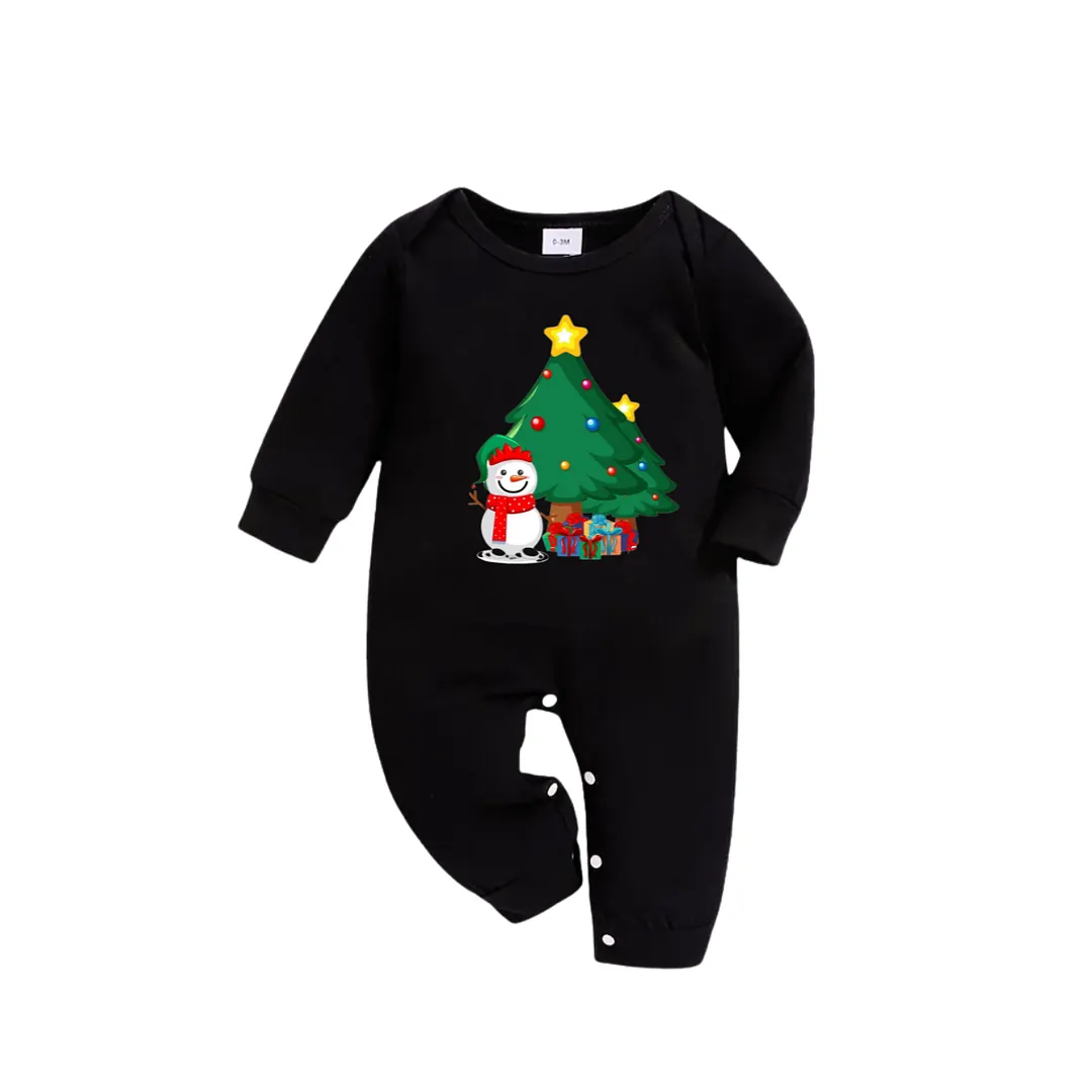 Christmas Tree And Smiling Snowman with Gift Pattern Black Long Sleeve Top with Black And Green Plaid Pants Family Matching Pajamas