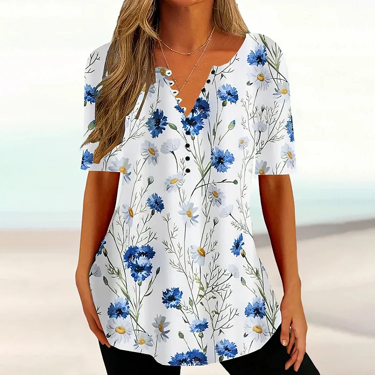 VChics Floral Print V Neck Casual T-Shirt