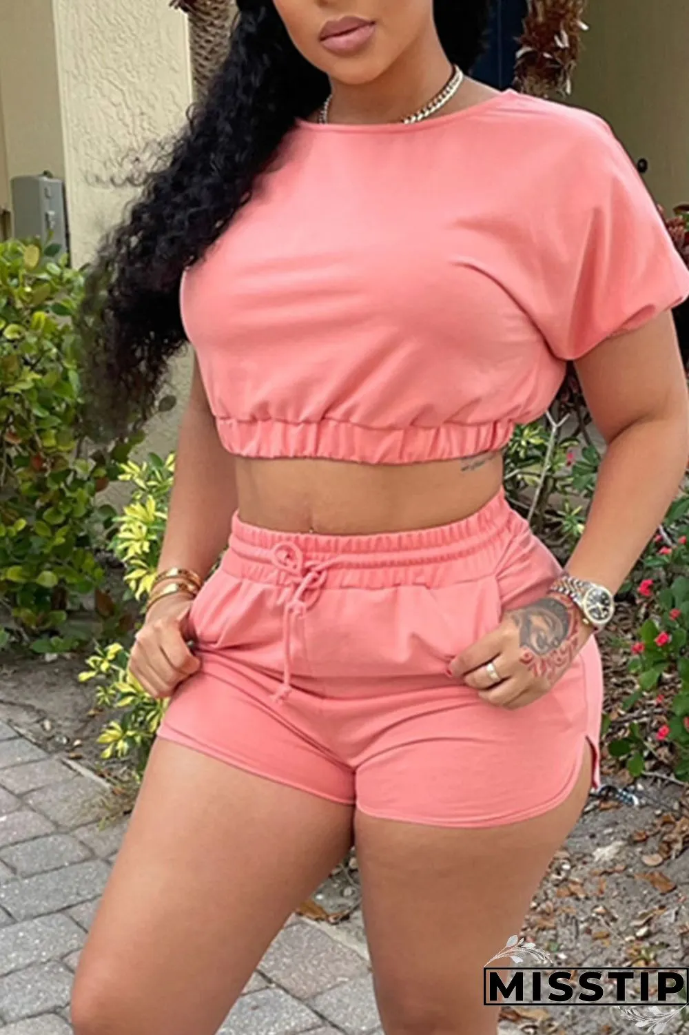 Fluorescent Green Casual Solid Patchwork O Neck Short Sleeve Two Pieces