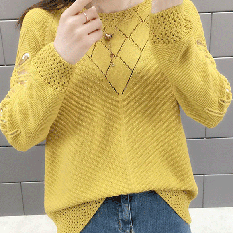 Colourp Korean Style Hollow Out Sweaters Women 2023 Spring Fashion Glitter Knitted Jumper Woman Short Loose-fitting Female Top