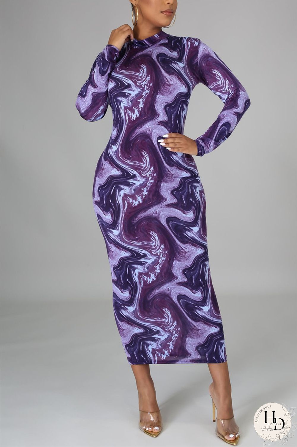 Red Fashion Casual Print Basic Half A Turtleneck Pencil Dresses