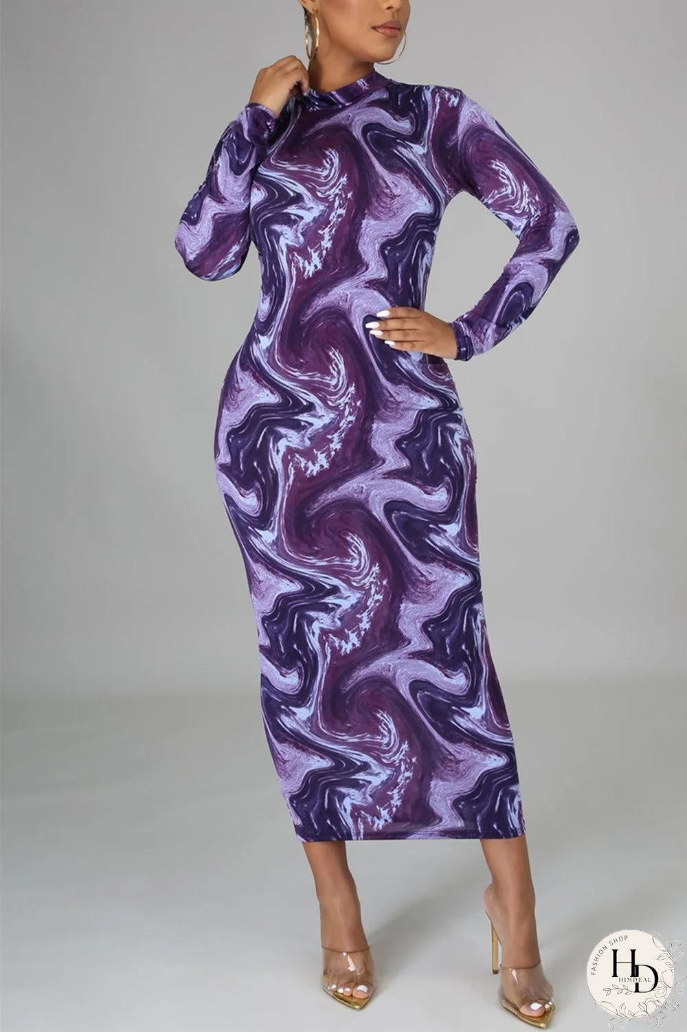 Red Fashion Casual Print Basic Half A Turtleneck Pencil Dresses