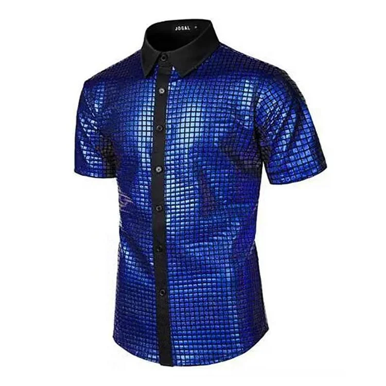 Men's Contrast Sequin Buttoned Lapel Short Sleeve Shirt 86077327X