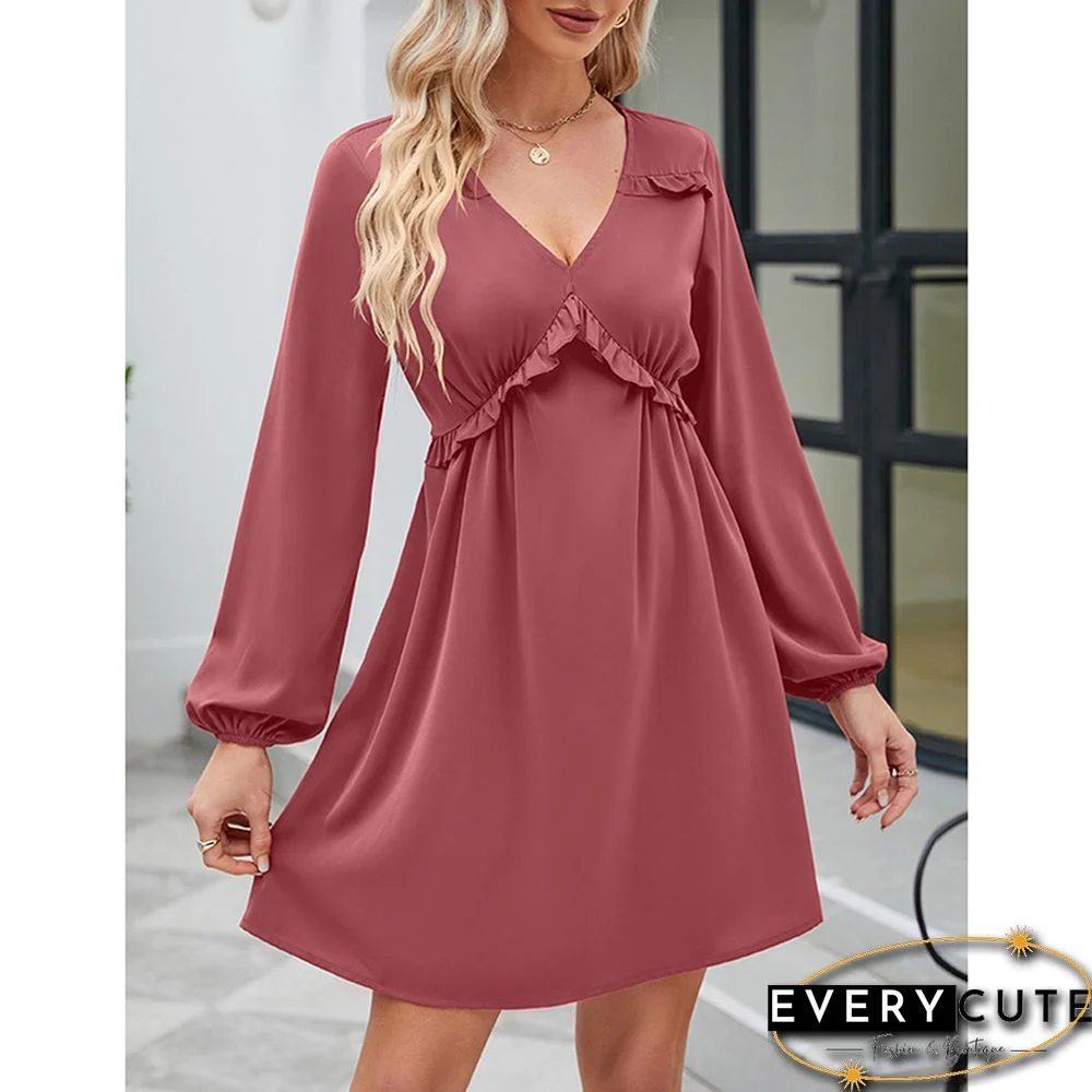 Pink V Neck Ruffle Detail Long Sleeve Dress